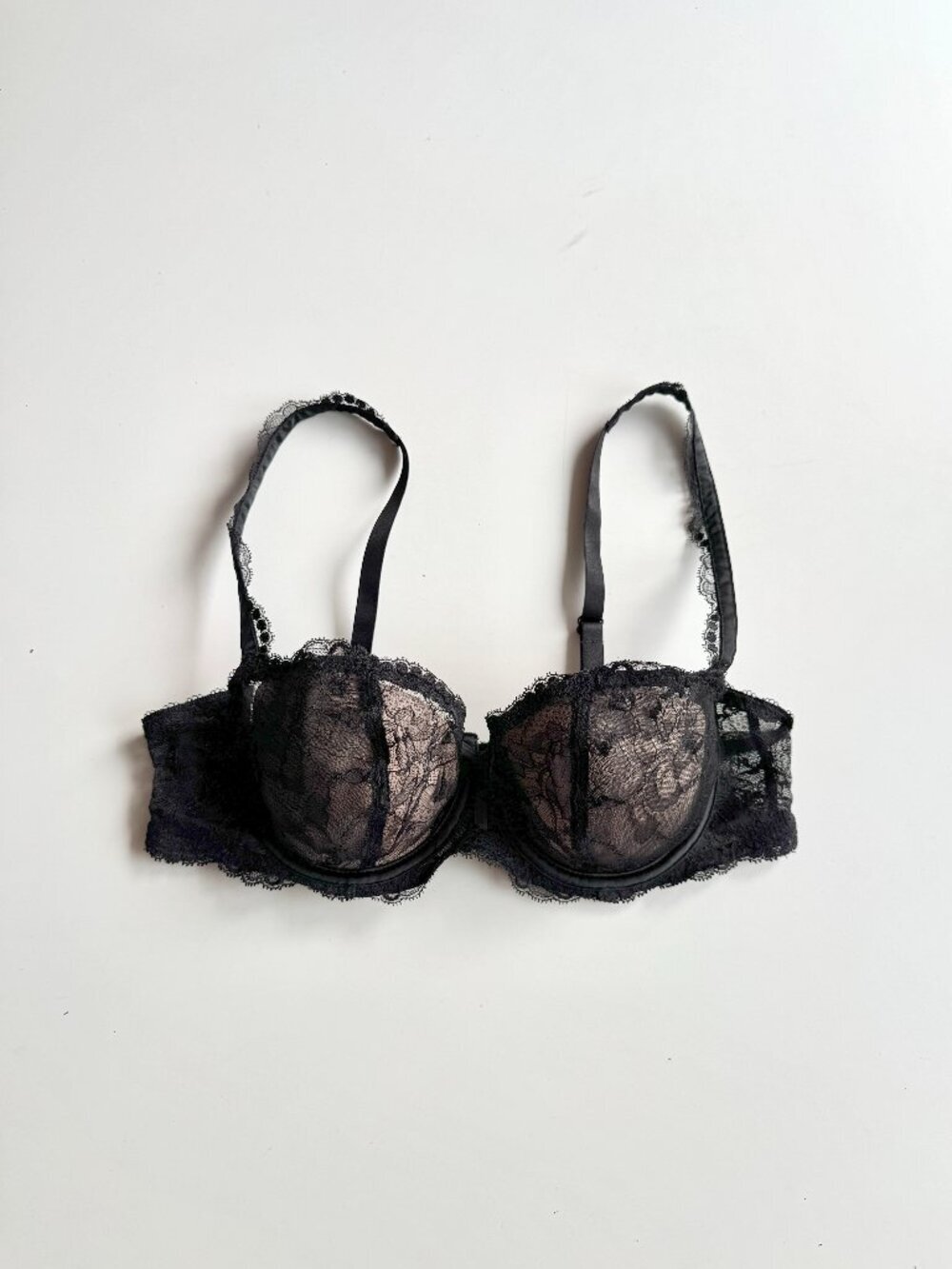 CHANTELLE Black Sheer Embroidered Tulle Lace Balconette Bra, Size 36C